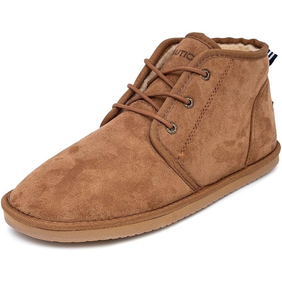 image:imageNautica Mens Winter Ankle Boots Sherpa Lined Lace Up Slippers for Cold Weather Warm Indoor Outdoor House Shoes Comfortable Cozy BootiesTan