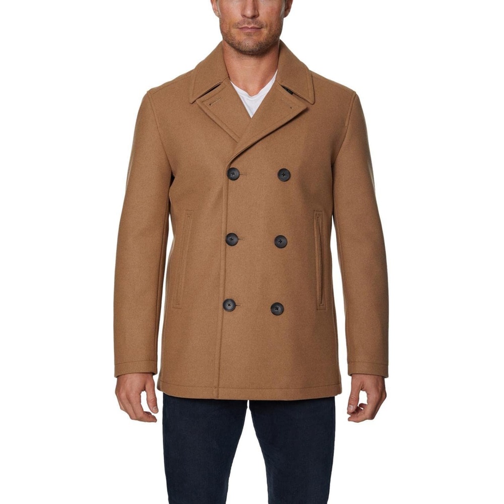 image:imageNautica Mens Wool Blend Peacoat DoubleBreasted Winter Coat Regular Big amp Tall SizesBeige