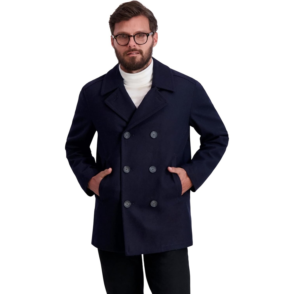image:imageNautica Mens Wool Blend Peacoat DoubleBreasted Winter Coat Regular Big amp Tall SizesDark Navy