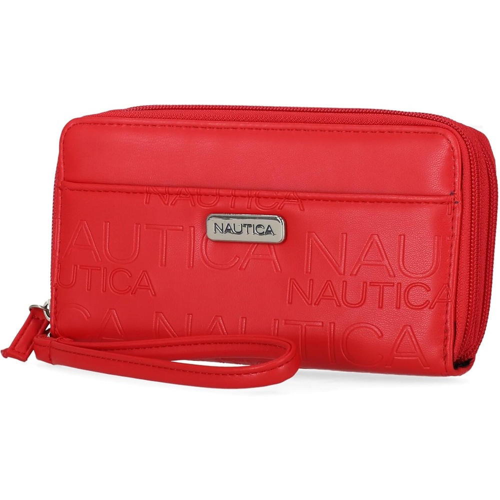 image:imageNautica On The Double Zip Around Vegan Leather Womens RFID Clutch Wallet With Wristlet Strap Indigo RedFuego Red 2