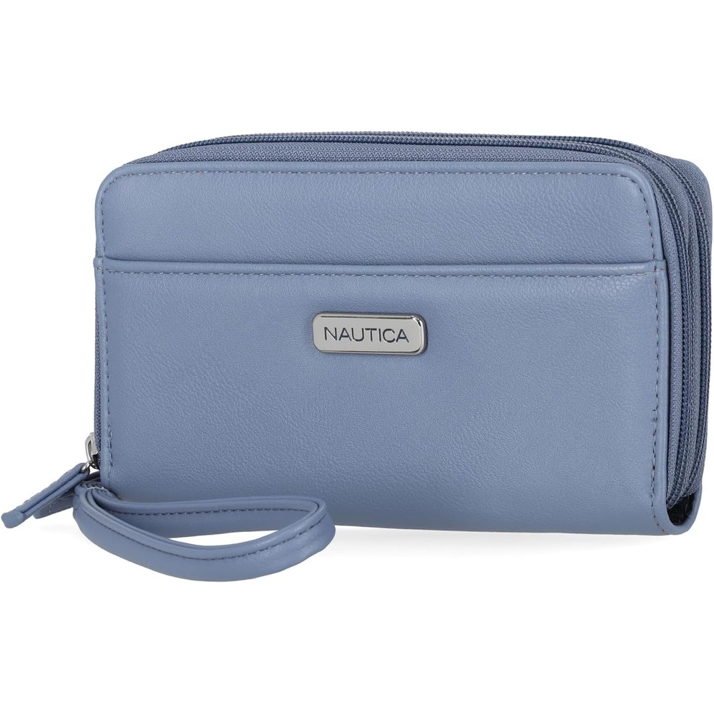 image:imageNautica On The Double Zip Around Vegan Leather Womens RFID Clutch Wallet With Wristlet Strap Indigo RedMarina