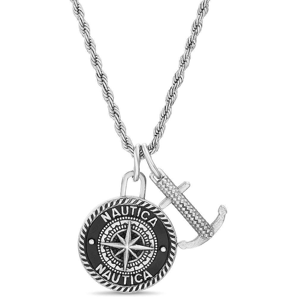 image:imageNautica Oxidized Stainless Steel Black Round Medallion Compass Anchor Double Pendant Necklace for Men 24 Inch Rope Chain