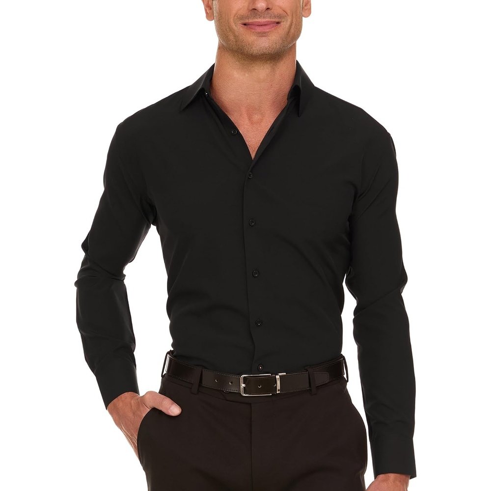 image:imageNautica Regular Fit Long Sleeve Button Down Dress Shirts for Men Wrinkle Free Long Sleeve Shirt Mens Formal 4Way StretchBlack