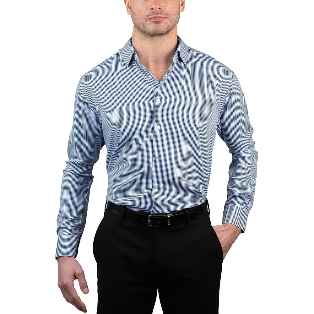 image:imageNautica Regular Fit Long Sleeve Button Down Dress Shirts for Men Wrinkle Free Long Sleeve Shirt Mens Formal 4Way StretchBlue Plaid