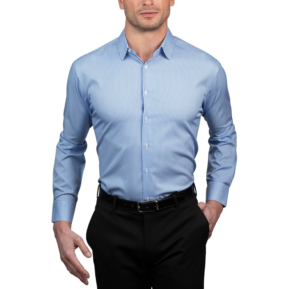 image:imageNautica Regular Fit Long Sleeve Button Down Dress Shirts for Men Wrinkle Free Long Sleeve Shirt Mens Formal 4Way StretchLight Blue Check