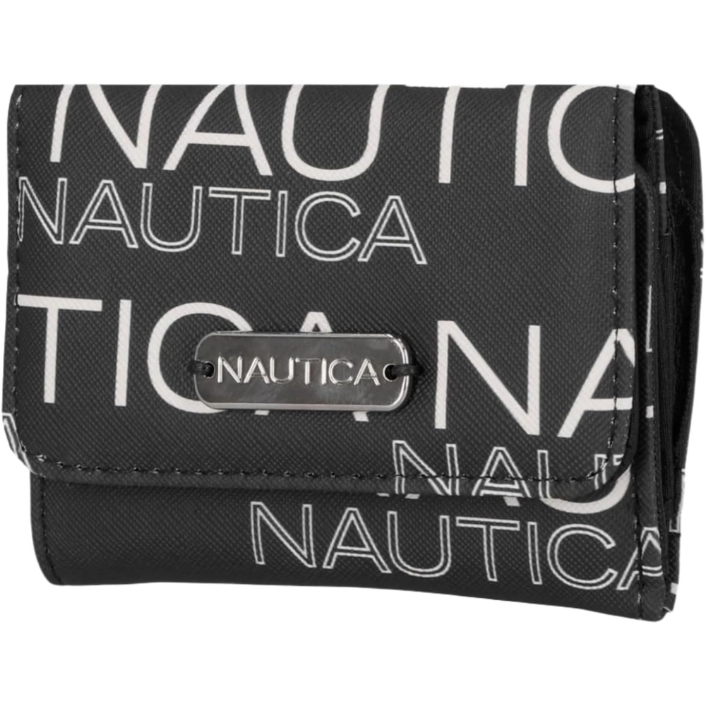 image:imageNautica Rowers End Small Wallet for Women RFID Blocking Slim Credit Card Holder with Zipper Coin Pocket Bifold Compact Wallet with ID Window in Indigo BoneWave Dreamer BlackChalk