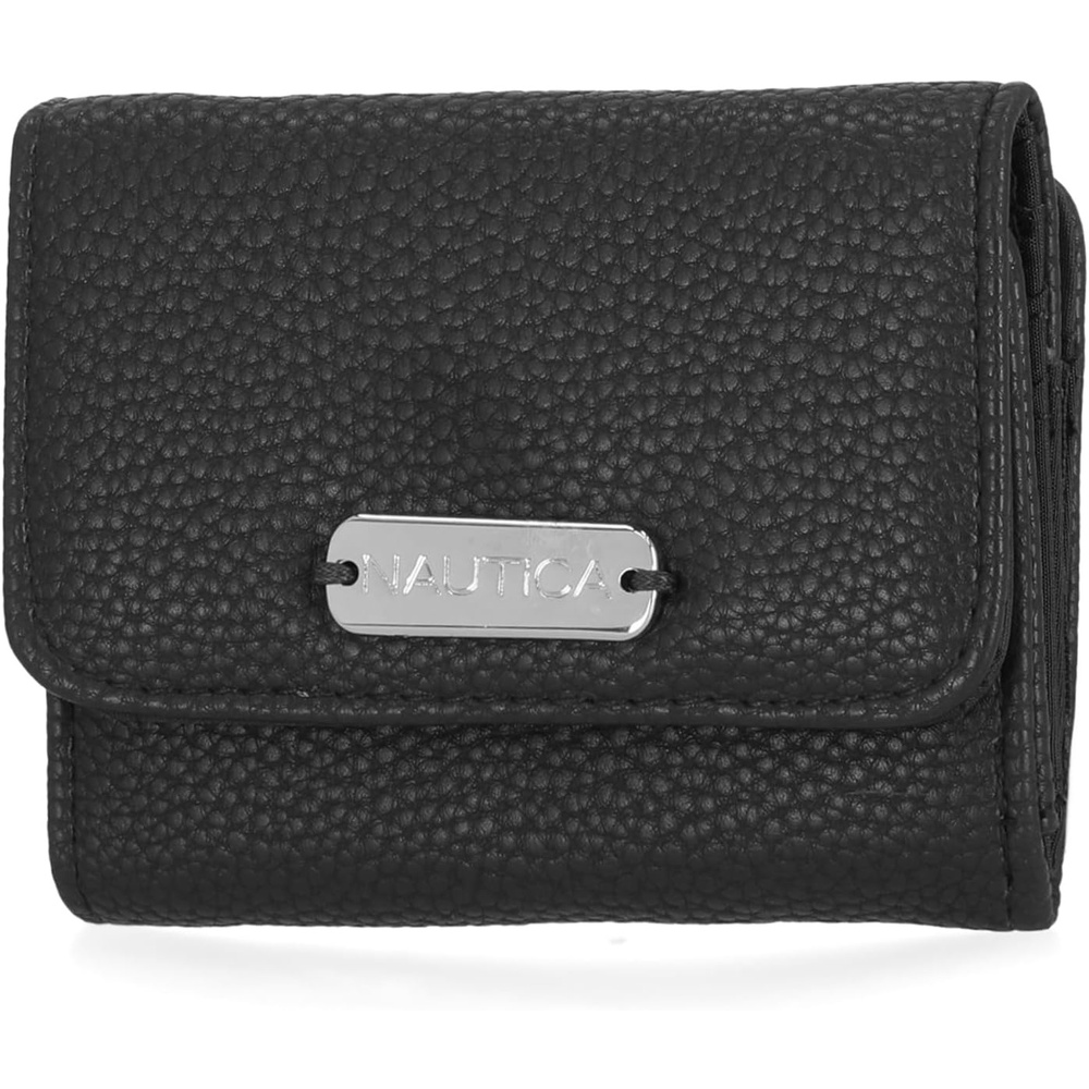image:imageNautica Rowers End Small Wallet for Women RFID Blocking Slim Credit Card Holder with Zipper Coin Pocket Bifold Compact Wallet with ID Window in Indigo BoneBlack Pebble