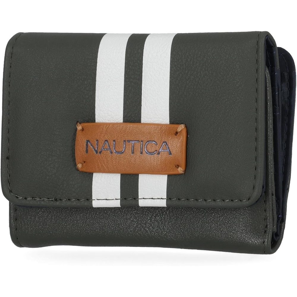 image:imageNautica Rowers End Small Wallet for Women RFID Blocking Slim Credit Card Holder with Zipper Coin Pocket Bifold Compact Wallet with ID Window in Indigo BoneGreen Racing Stripe