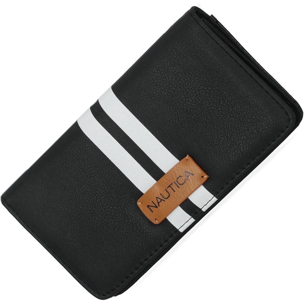 image:imageNautica Seaside Slim Womens Wallet RFID Blocking Credit Card Holder Coin Purse Checkbook Organizer Clutch Small Vegan Leather Wallet for Travel IndigoBlack Racing Stripe