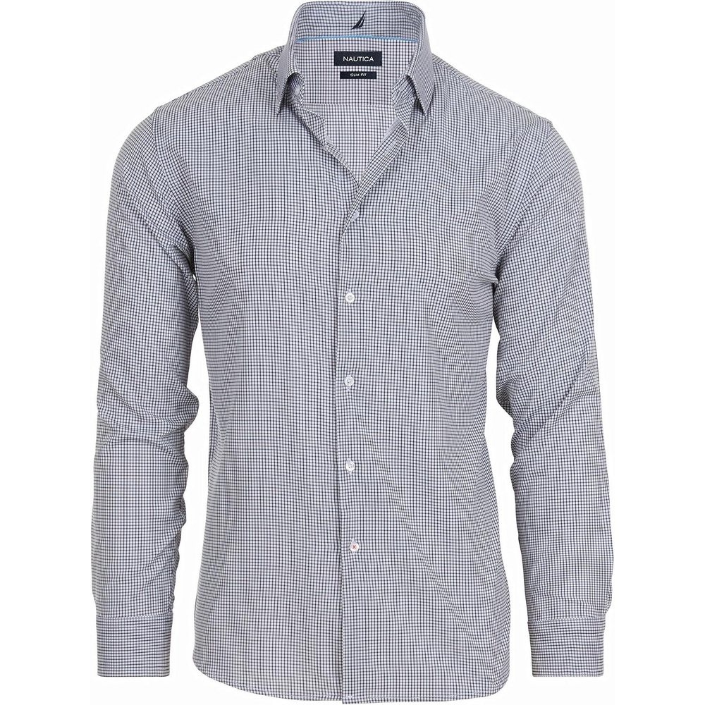 image:imageNautica Slim Fit Mens Dress Shirts Long Sleeve Performance Polyester Fabric Wrinkle Free 4Way StretchBlack Check