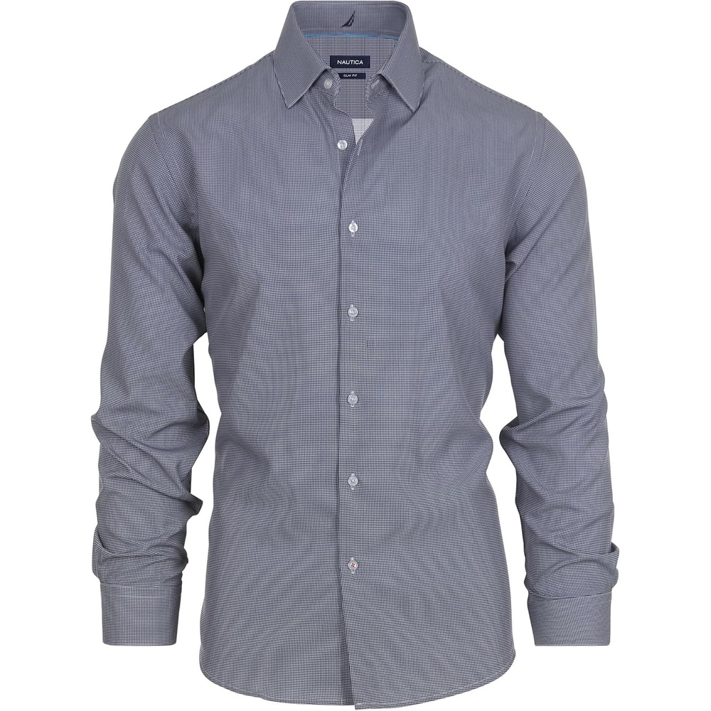 image:imageNautica Slim Fit Mens Dress Shirts Long Sleeve Performance Polyester Fabric Wrinkle Free 4Way StretchBlack Micro Checks