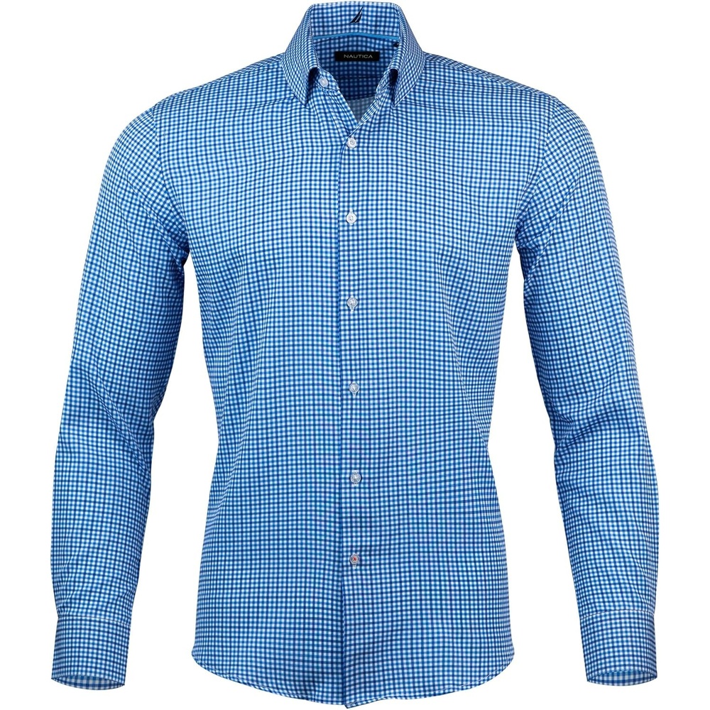 image:imageNautica Slim Fit Mens Dress Shirts Long Sleeve Performance Polyester Fabric Wrinkle Free 4Way StretchClassic Blue Plaid