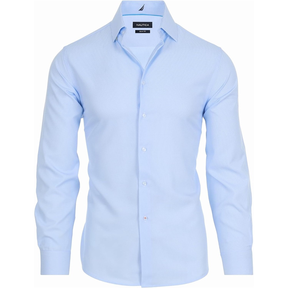 image:imageNautica Slim Fit Mens Dress Shirts Long Sleeve Performance Polyester Fabric Wrinkle Free 4Way StretchLight Blue Micro