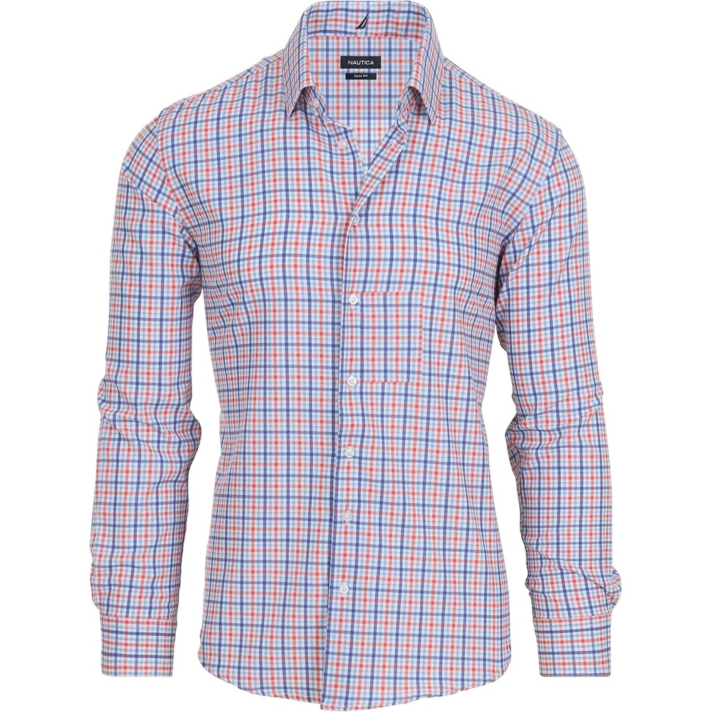 image:imageNautica Slim Fit Mens Dress Shirts Long Sleeve Performance Polyester Fabric Wrinkle Free 4Way StretchOrange and Blue Plaid