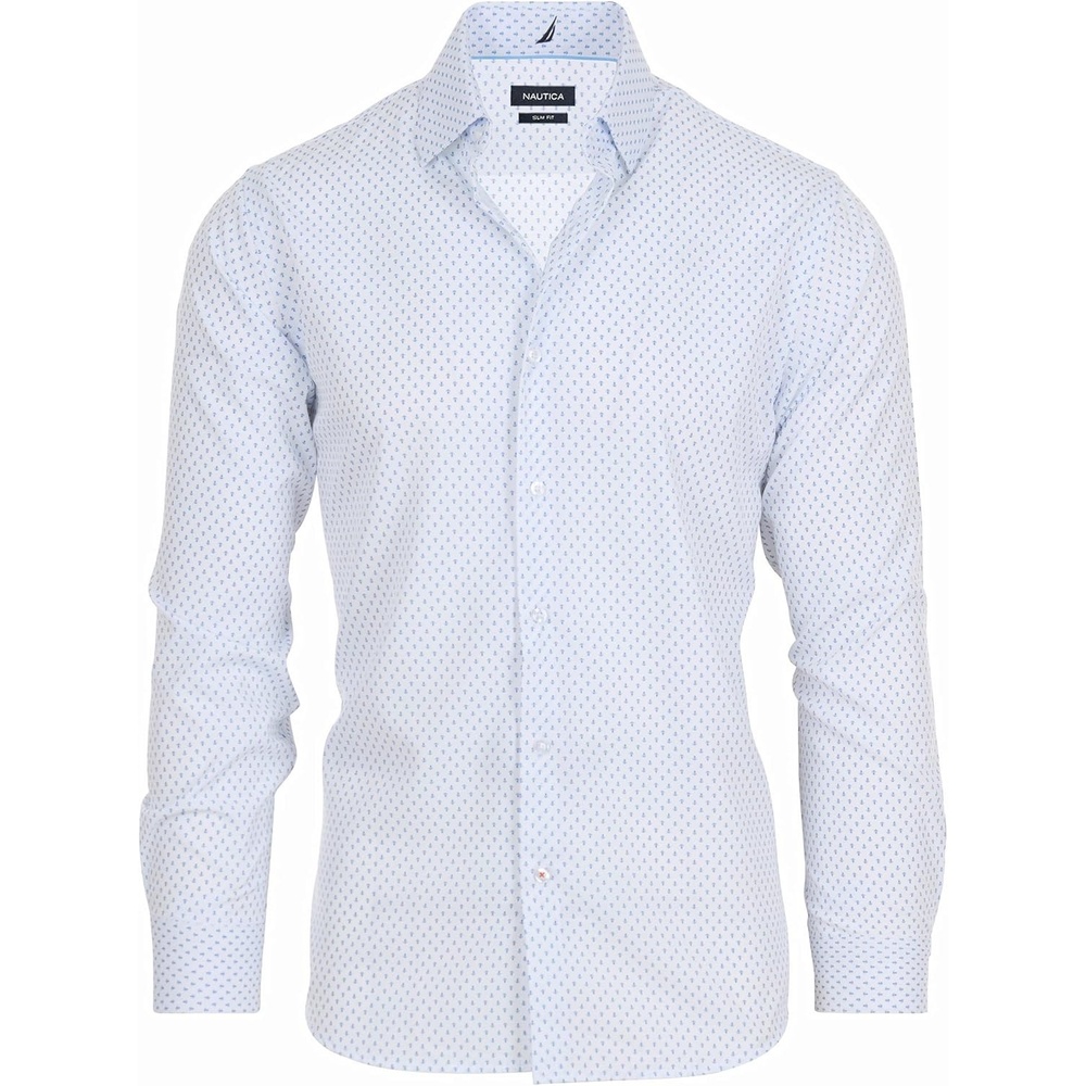 image:imageNautica Slim Fit Mens Dress Shirts Long Sleeve Performance Polyester Fabric Wrinkle Free 4Way StretchWhite Blue Anchor
