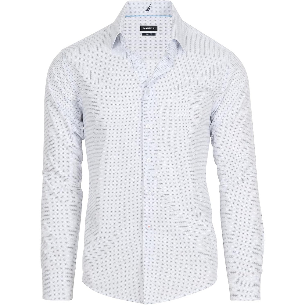 image:imageNautica Slim Fit Mens Dress Shirts Long Sleeve Performance Polyester Fabric Wrinkle Free 4Way StretchWhite Mini Blue Dots