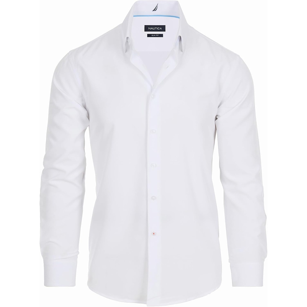 image:imageNautica Slim Fit Mens Dress Shirts Long Sleeve Performance Polyester Fabric Wrinkle Free 4Way StretchWhite Solid