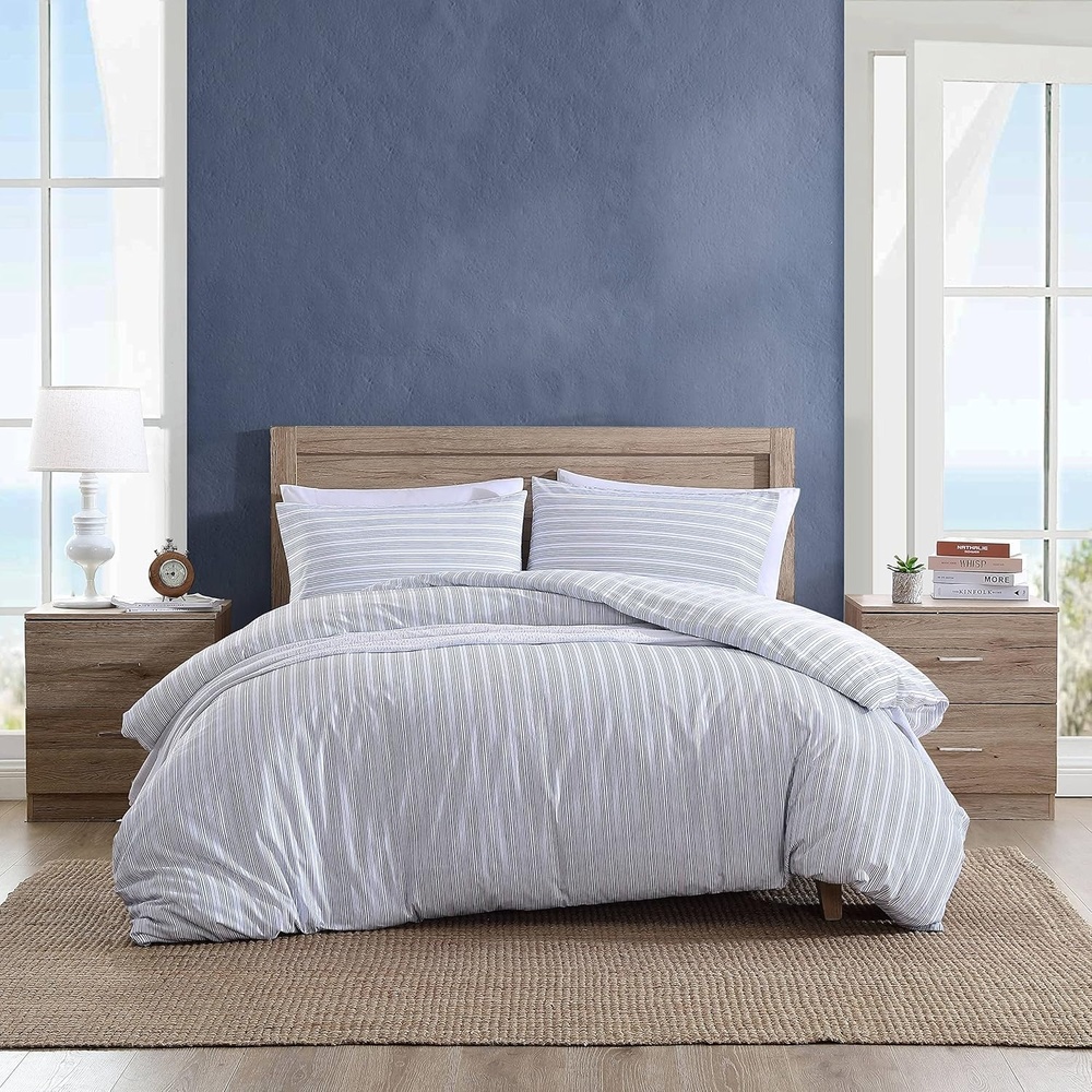 image:imageNautica Twin Duvet Cover Cotton Reversible Bedding with Button Closure Casual Home Dcor for All Seasons Coleridge Stripe Charcoal TwinBeaux Stripe Blue