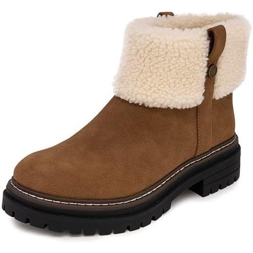 image:imageNautica Women Fur Chelsea Boots Winter Platform Chunky Low Heel Microsuede Comfortable amp Slip Resistant Ankle Mid Calf Boots for LadiesTan