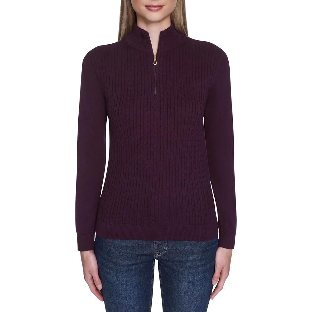 image:imageNautica Womens 14 Zip Mockneck Cable SweaterAubergine