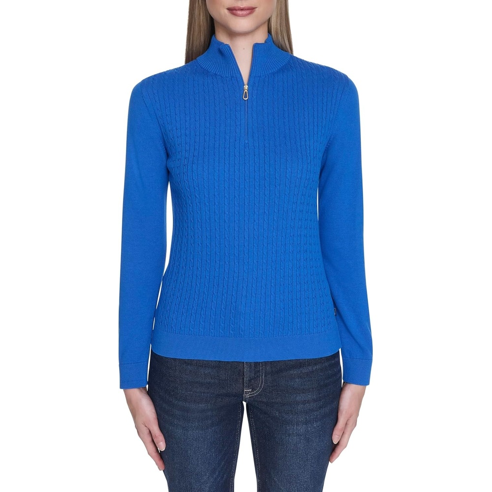 image:imageNautica Womens 14 Zip Mockneck Cable SweaterCerulean