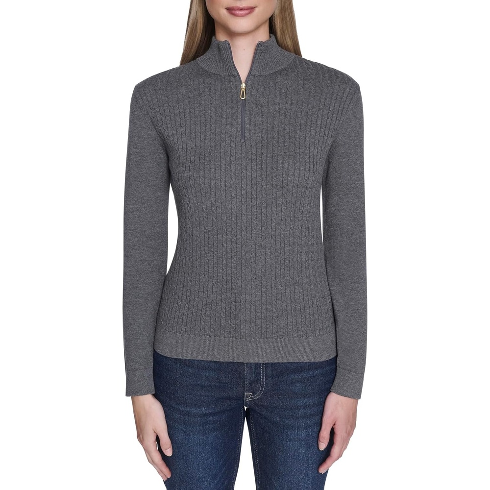 image:imageNautica Womens 14 Zip Mockneck Cable SweaterFog Heather