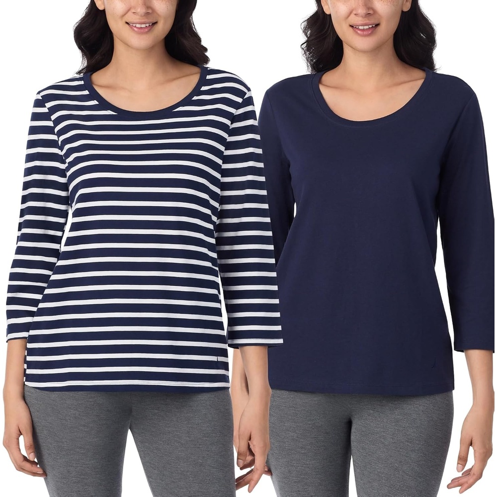 image:imageNautica Womens 34 Sleeve Sleep Shirt Lightweight Breathable Pajama Top Cotton Knit Jersey Crewneck Sleepwear Loungewear2 Pack Navy StripeNavy