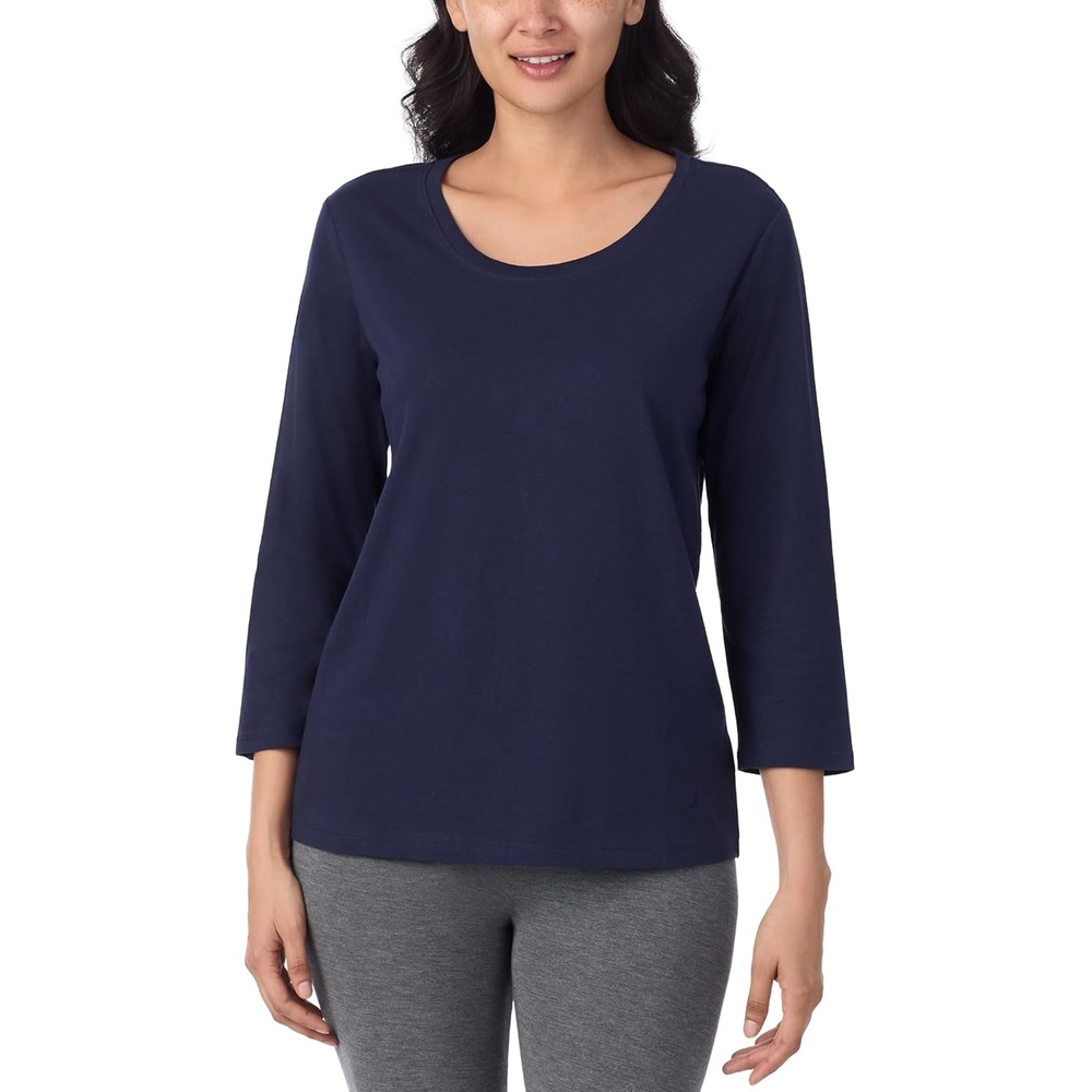 image:imageNautica Womens 34 Sleeve Sleep Shirt Lightweight Breathable Pajama Top Cotton Knit Jersey Crewneck Sleepwear LoungewearNavy
