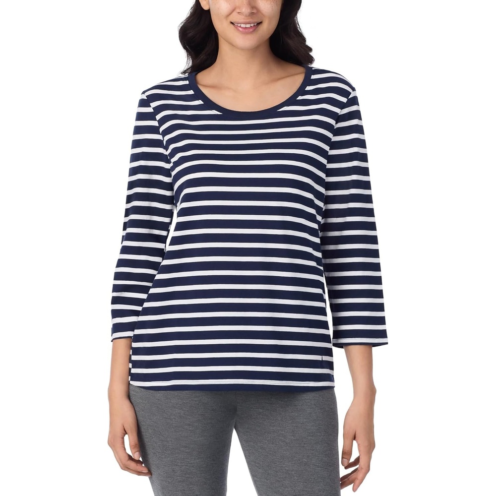 image:imageNautica Womens 34 Sleeve Sleep Shirt Lightweight Breathable Pajama Top Cotton Knit Jersey Crewneck Sleepwear LoungewearNavy Stripe
