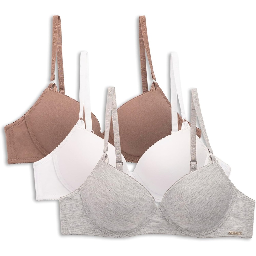 image:imageNautica Womens 3Pack Bras Cotton Blend Light Lift Everyday TShirt Bra SetMd Heather GreyLight MochaWhite
