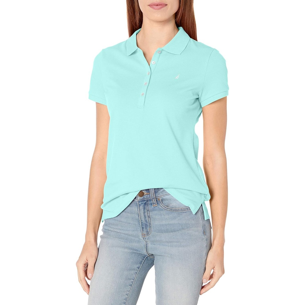 image:imageNautica Womens 5Button Short Sleeve Breathable 100 Cotton Polo ShirtAruba Blue