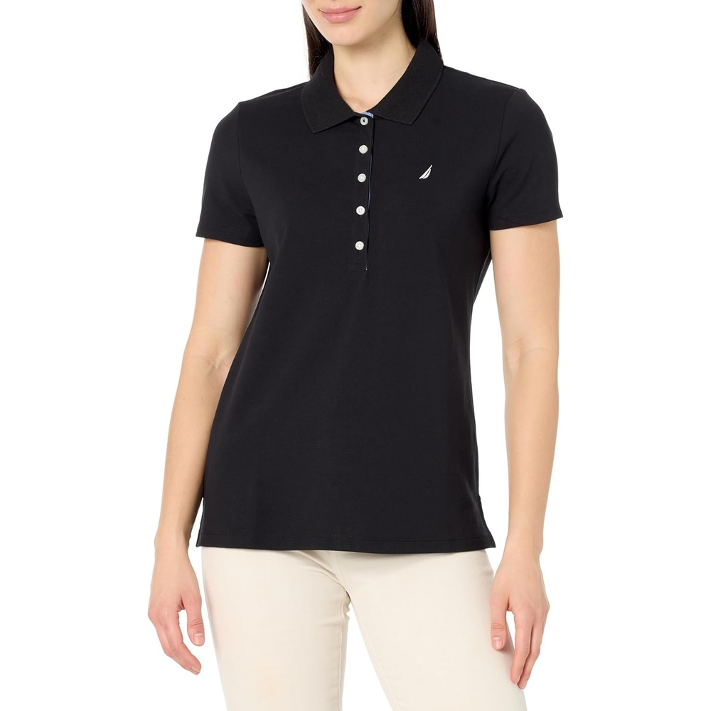 image:imageNautica Womens 5Button Short Sleeve Breathable 100 Cotton Polo ShirtBlack