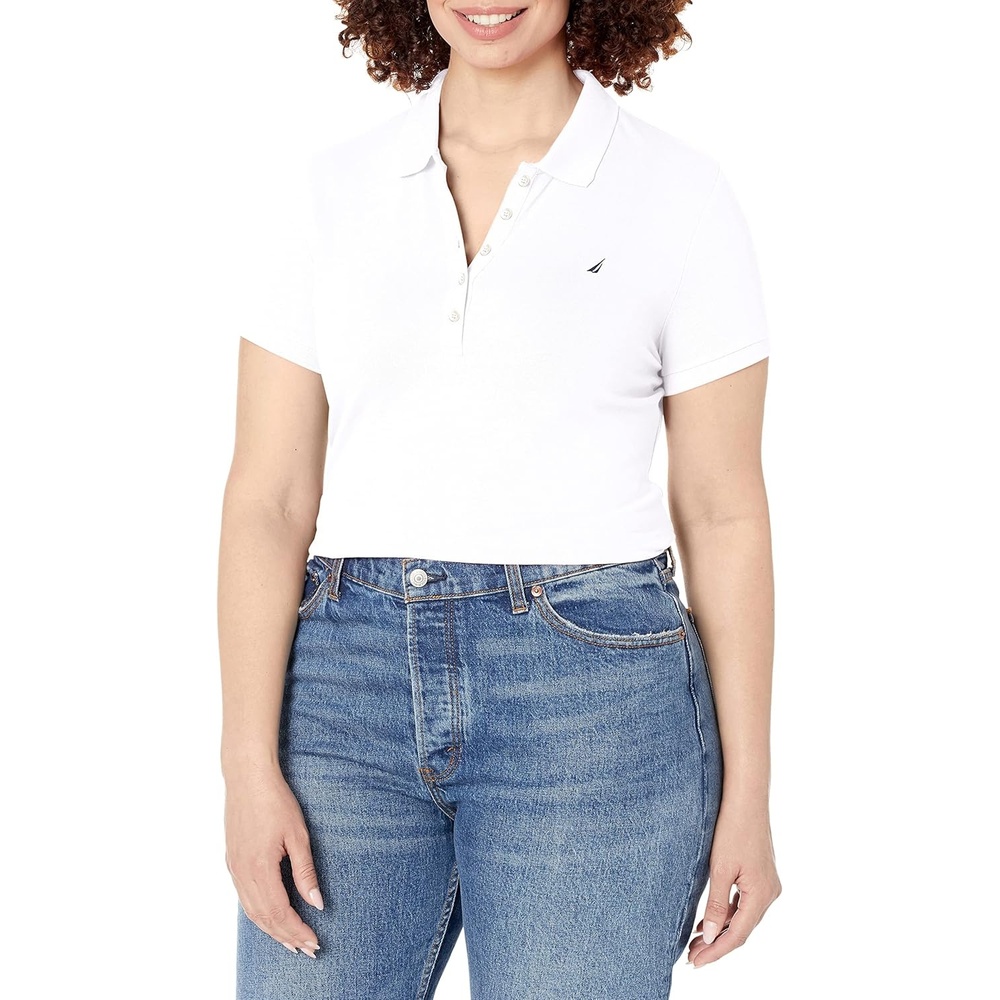 image:imageNautica Womens 5Button Short Sleeve Breathable 100 Cotton Polo ShirtBright White