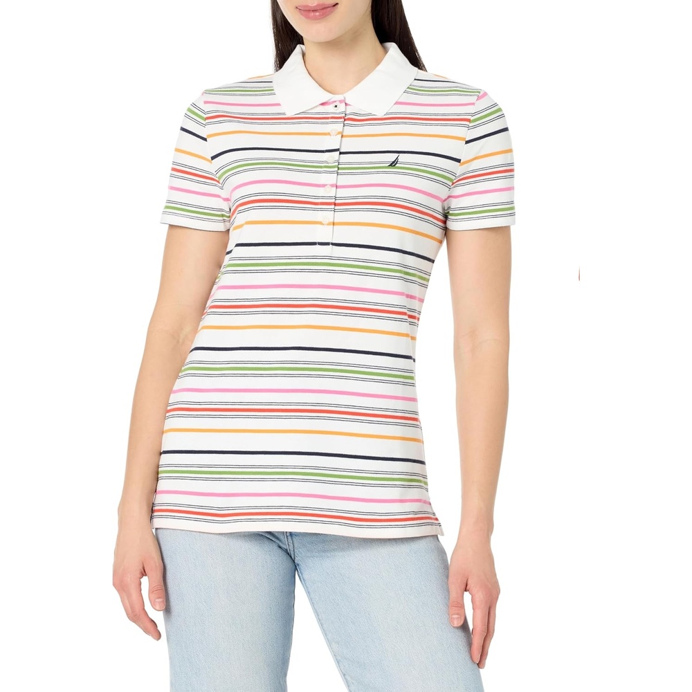 image:imageNautica Womens 5Button Short Sleeve Breathable 100 Cotton Polo ShirtBright White Multi