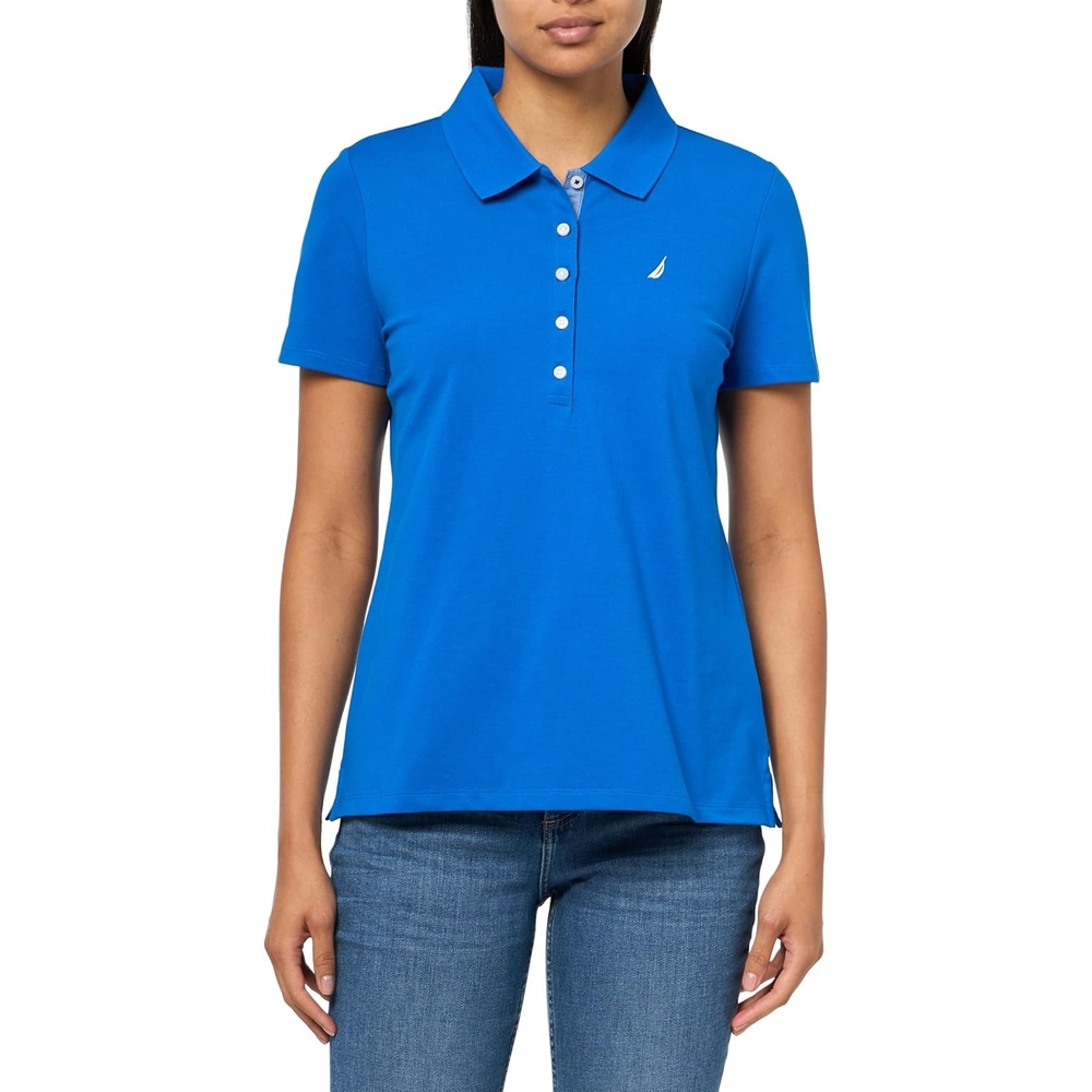 image:imageNautica Womens 5Button Short Sleeve Breathable 100 Cotton Polo ShirtCerulean