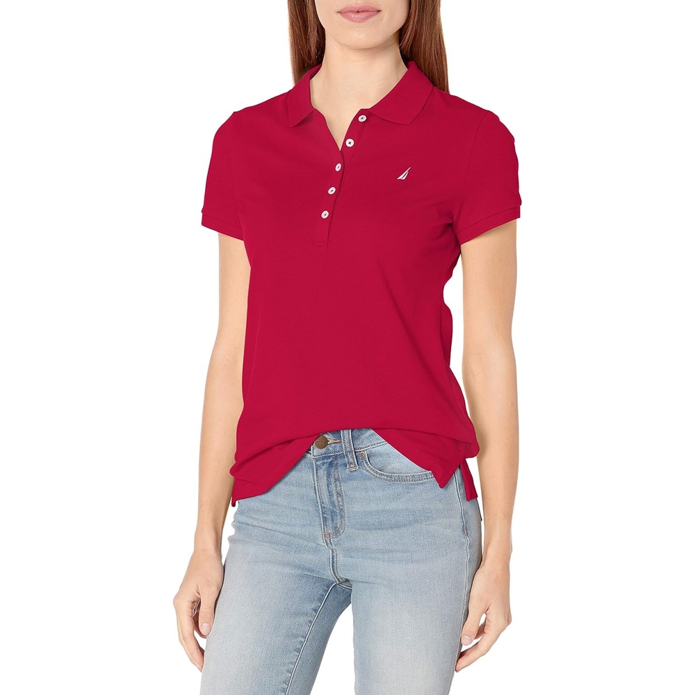 image:imageNautica Womens 5Button Short Sleeve Breathable 100 Cotton Polo ShirtNautica Red
