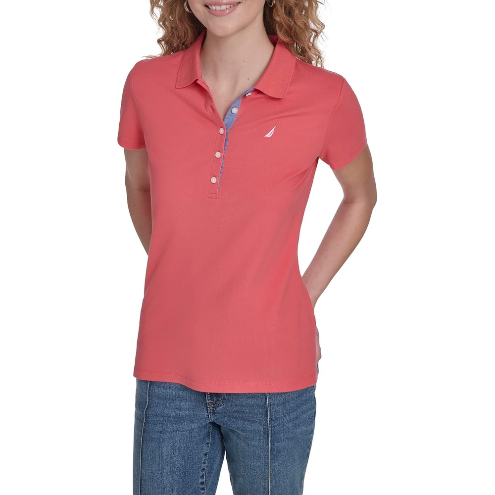 image:imageNautica Womens 5Button Short Sleeve Breathable 100 Cotton Polo ShirtPeony