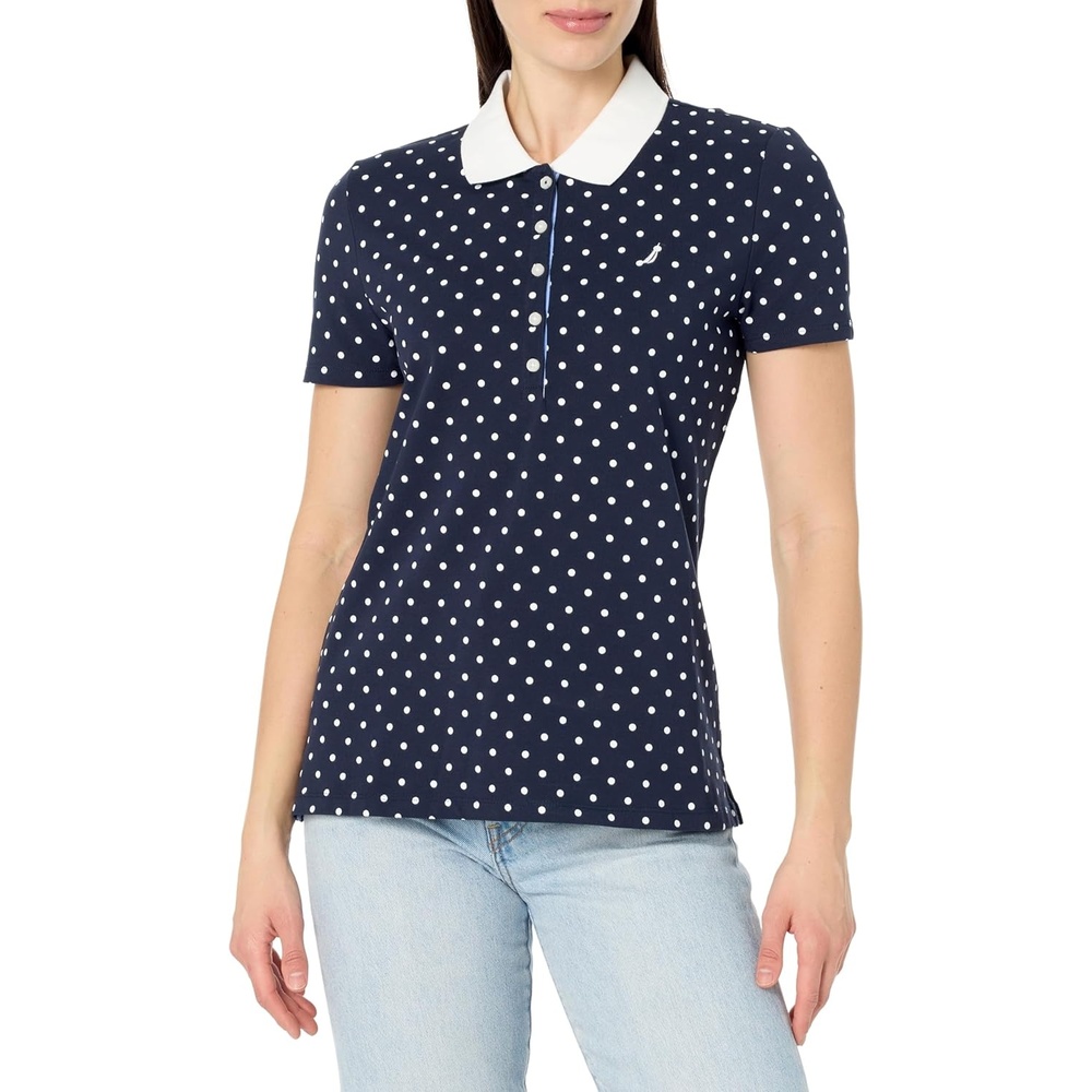 image:imageNautica Womens 5Button Short Sleeve Breathable 100 Cotton Polo ShirtPoka Dot WhiteNight Sky