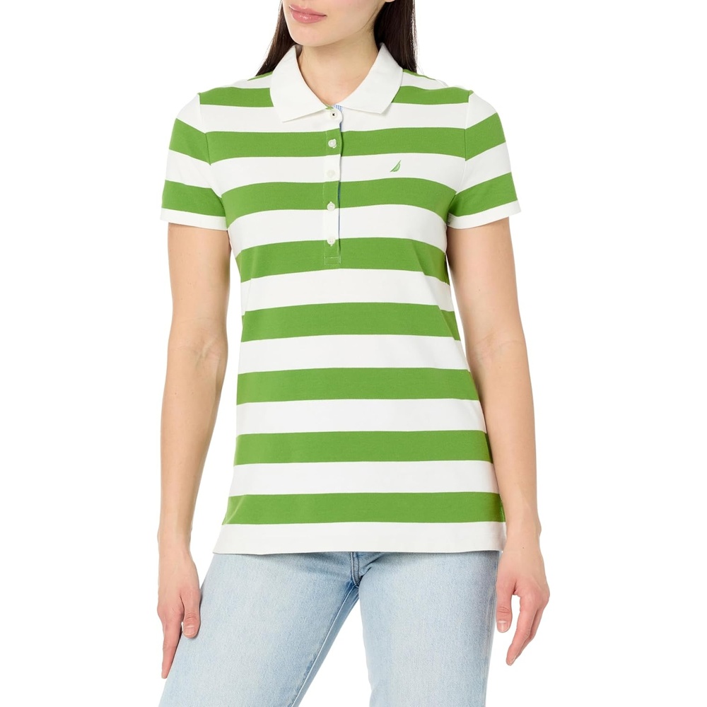 image:imageNautica Womens 5Button Short Sleeve Breathable 100 Cotton Polo ShirtSalted LimeBright White