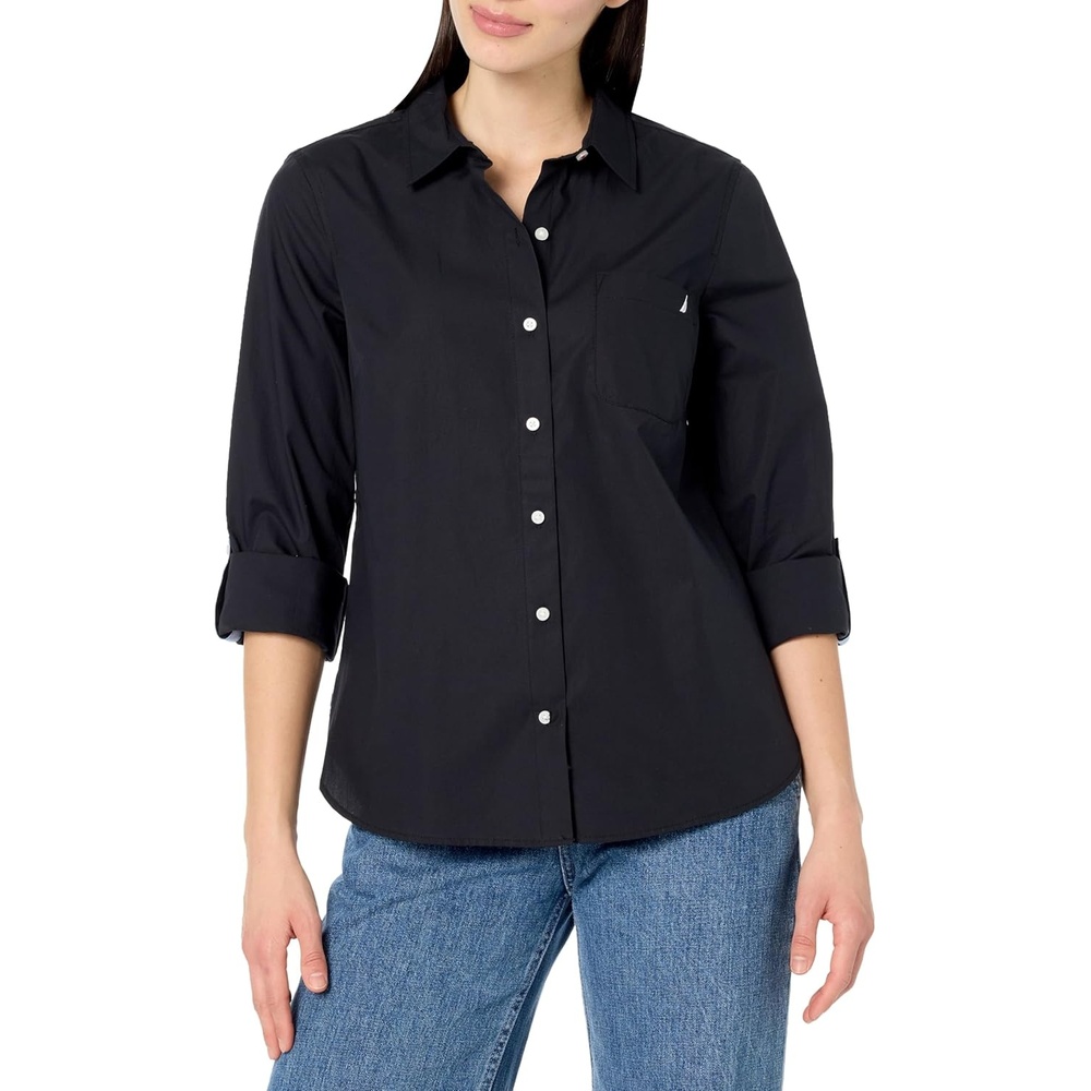 image:imageNautica Womens Button Front Long Sleeve Roll Tab ShirtBlack