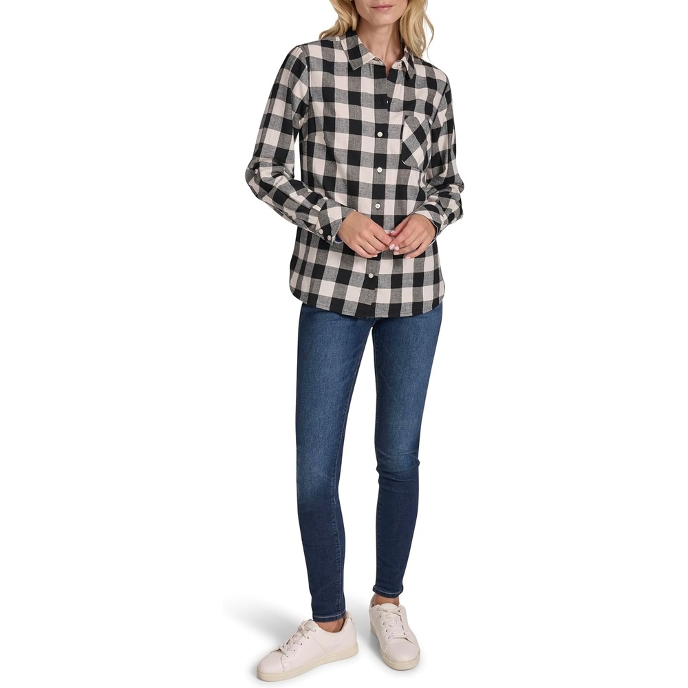 image:imageNautica Womens Button Front Long Sleeve Roll Tab ShirtBlackWhite Swan