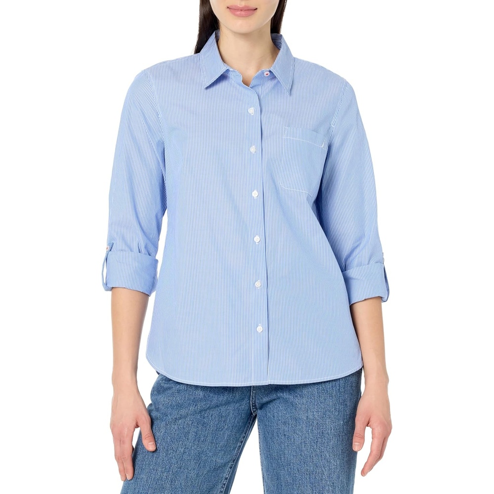 image:imageNautica Womens Button Front Long Sleeve Roll Tab ShirtBlueWhite