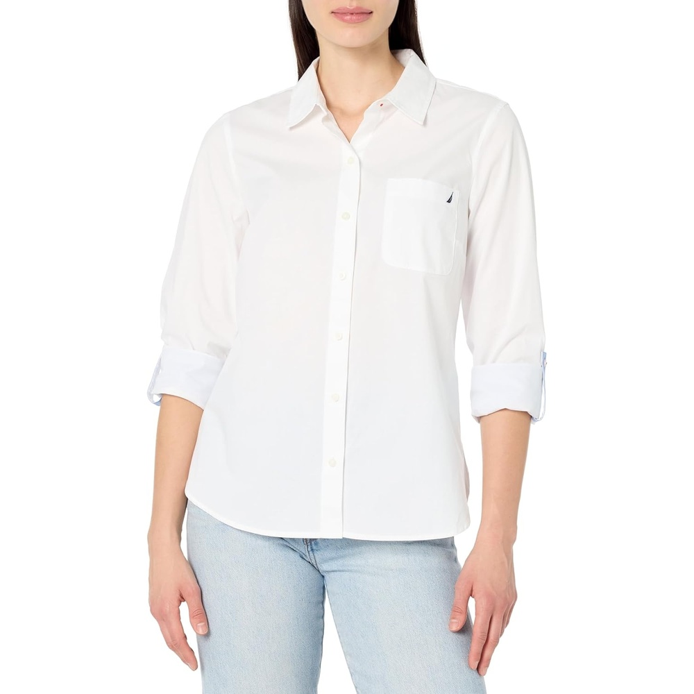 image:imageNautica Womens Button Front Long Sleeve Roll Tab ShirtBright White