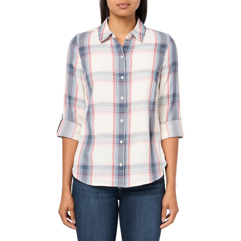 image:imageNautica Womens Button Front Long Sleeve Roll Tab ShirtDeep Pink Multi