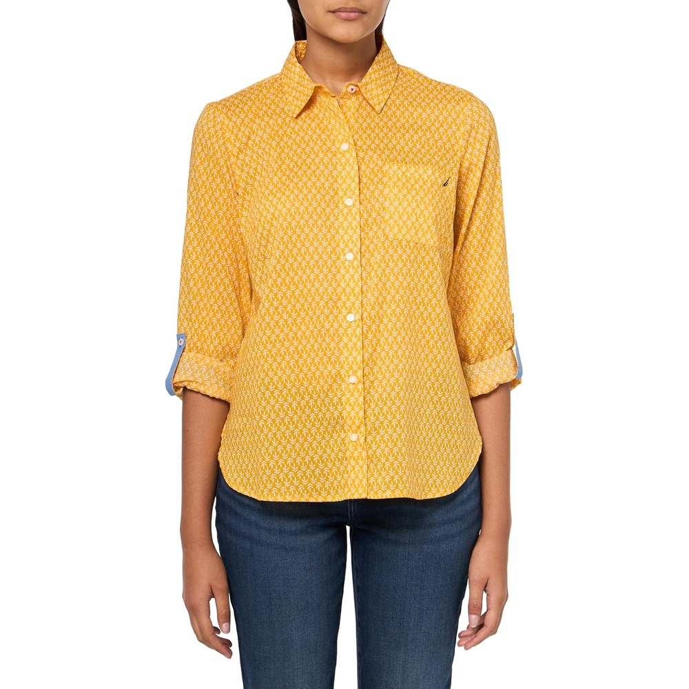 image:imageNautica Womens Button Front Long Sleeve Roll Tab ShirtGolden Glow Multi