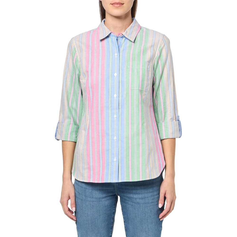 image:imageNautica Womens Button Front Long Sleeve Roll Tab ShirtGreen Multi