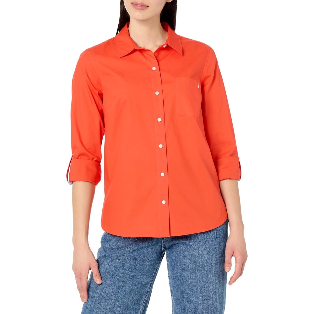 image:imageNautica Womens Button Front Long Sleeve Roll Tab ShirtGrenadine