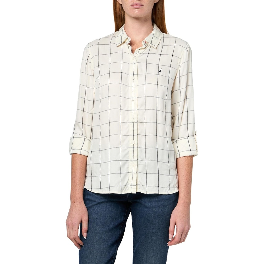 image:imageNautica Womens Button Front Long Sleeve Roll Tab ShirtIvory Multi