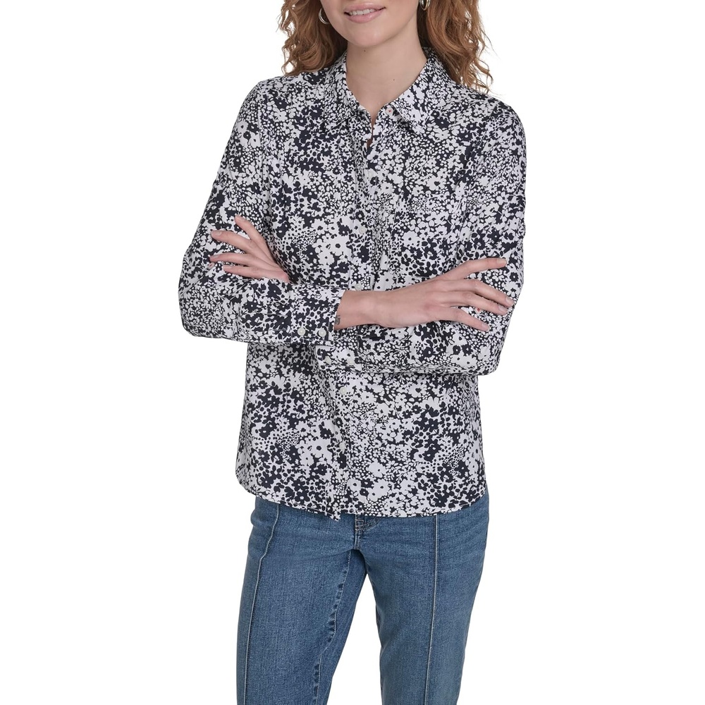 image:imageNautica Womens Button Front Long Sleeve Roll Tab ShirtNight Sky Bright White