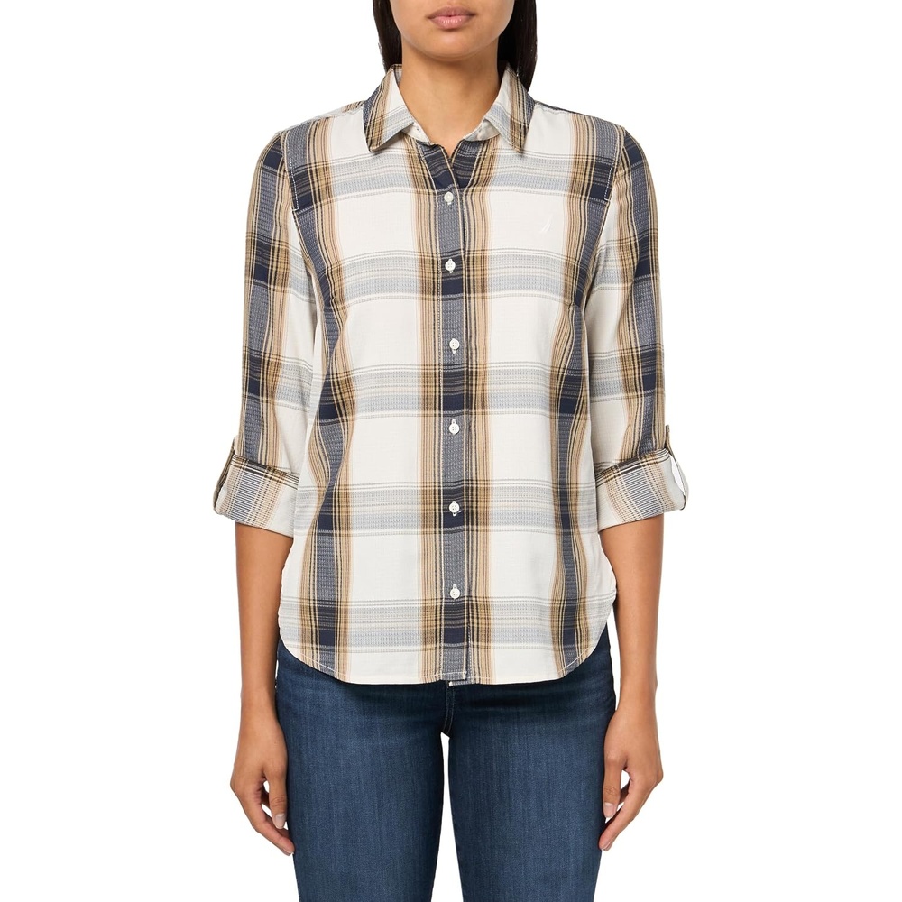 image:imageNautica Womens Button Front Long Sleeve Roll Tab ShirtTigers Eye Multi